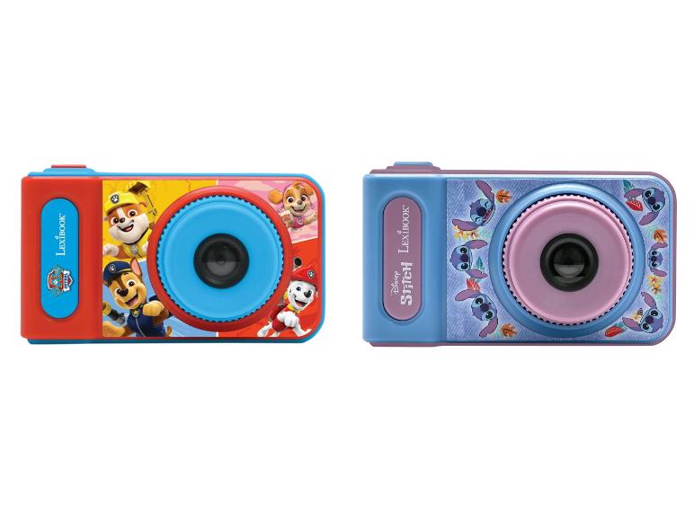 Twee digitale kindercamera's, één met Paw Patrol-thema en één met Stitch-thema.