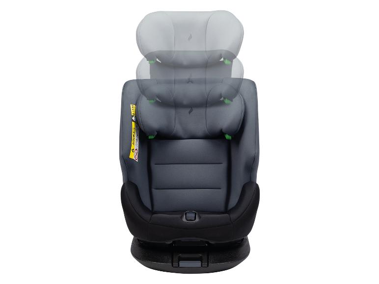 Een autostoeltje met verstelbare hoofdsteun en een grijze bekleding.