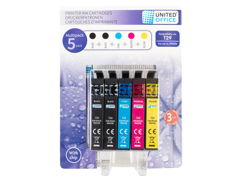 Een 5-pack inktpatronen voor Epson printers, met zwarte, cyaan, magenta en gele cartridges van United Office.