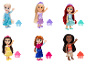 Zes Disney Princess poppen (Elsa, Rapunzel, Ariel, Belle, Anna, Vaiana) met kammen