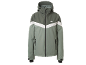 Groene herenjas met witte V-vormige streep en ritssluiting.