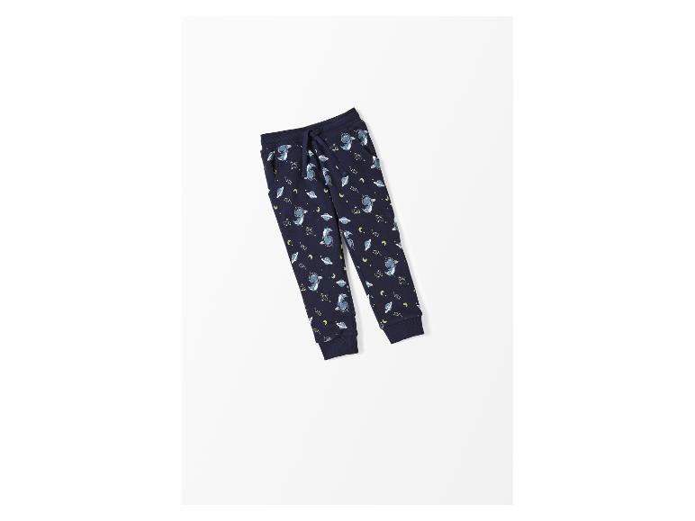 Donkerblauwe kinderjoggingbroek met ruimteprint.