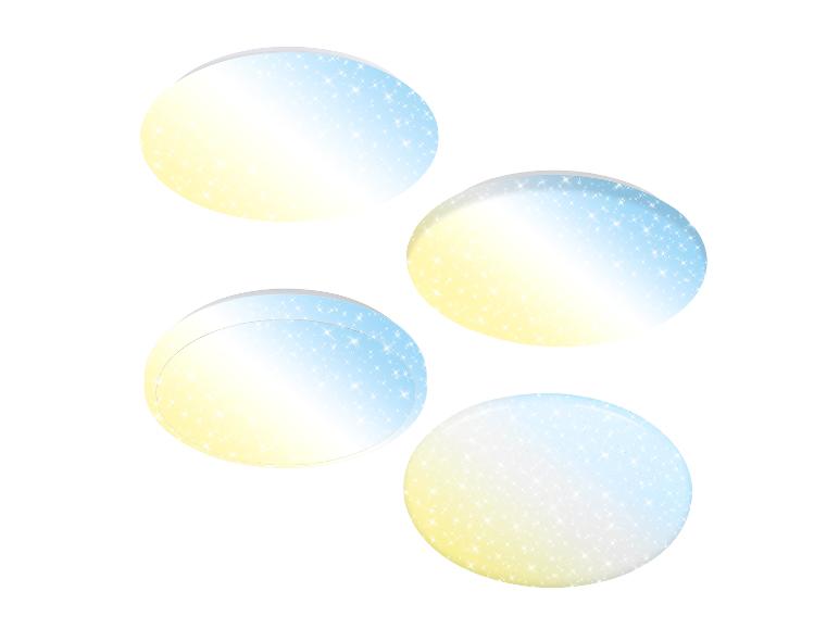 Vier ovale vormen met een geel naar blauw verloop, besprenkeld met sterren.