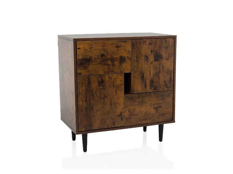 Bruine houten kast met zwarte poten en asymmetrische deuren