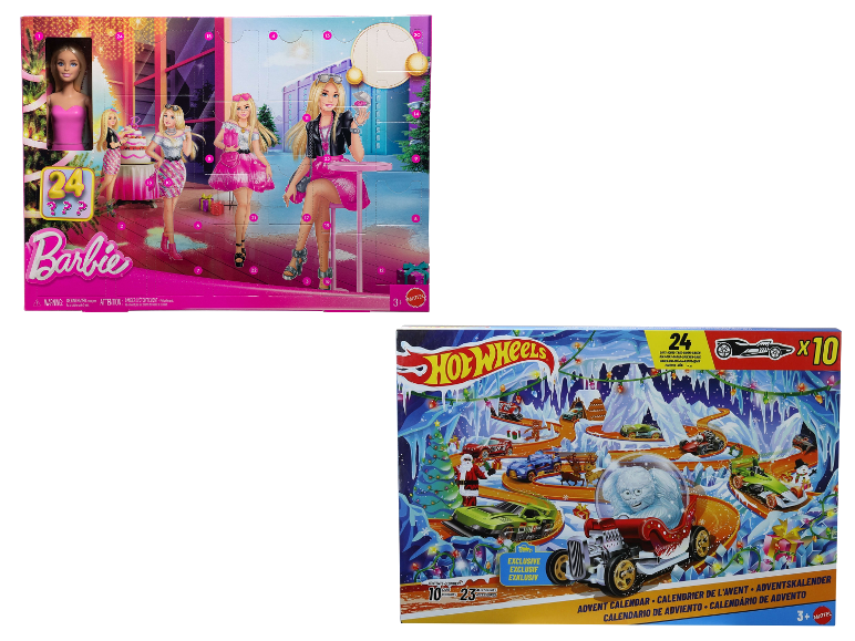 Twee adventskalenders: één met poppen en accessoires, de andere met speelgoedauto's.