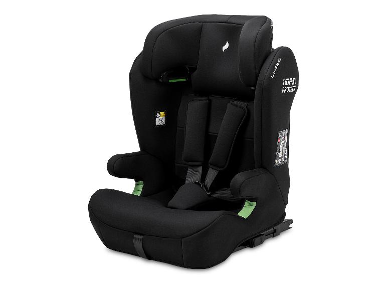 Zwart kinderautostoeltje met veiligheidsharnas en groene details