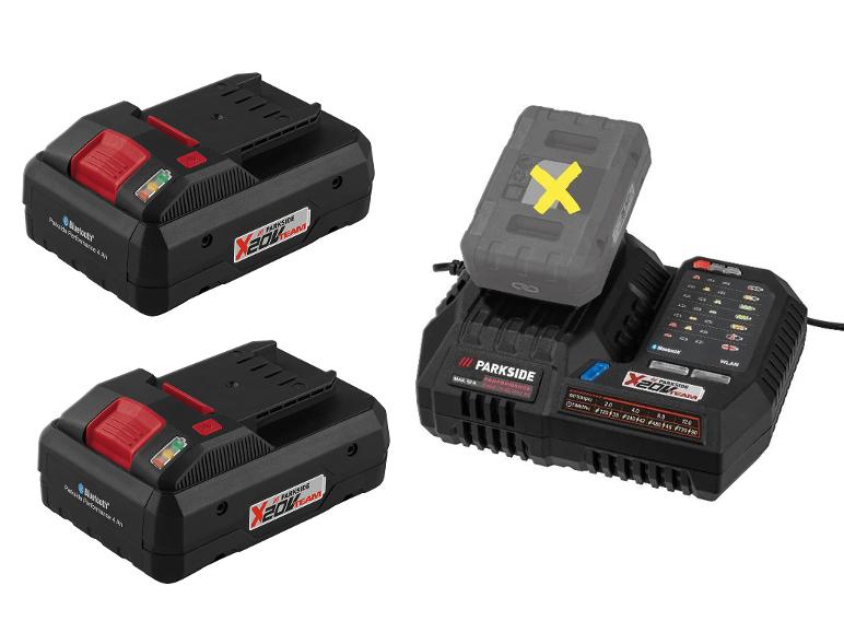 Twee Parkside X 20V Team accu's en één lader met een accu.
