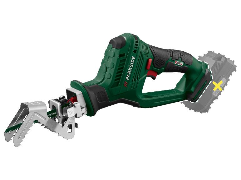 PARKSIDE accu reciprozaag in groen en zwart met een grijs batterijsilhouet.