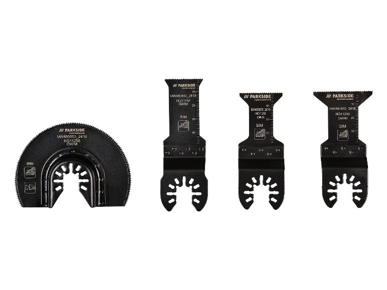 Vier Parkside oscillerende zaagbladen, waaronder een cirkelzaagblad en drie rechte bladen.
