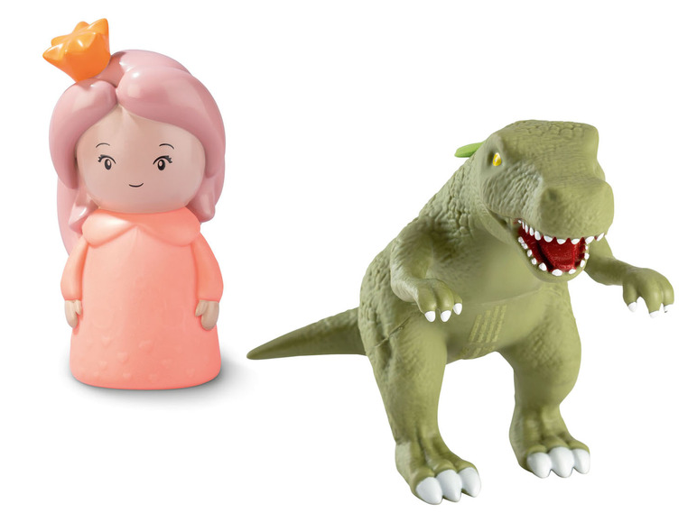 Een roze prinsespop en een groene dinosaurus speelgoedfiguur.