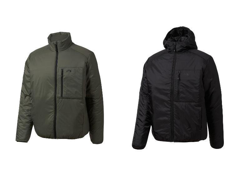 Twee gewatteerde jassen, één olijfgroen zonder capuchon en één zwart met capuchon.