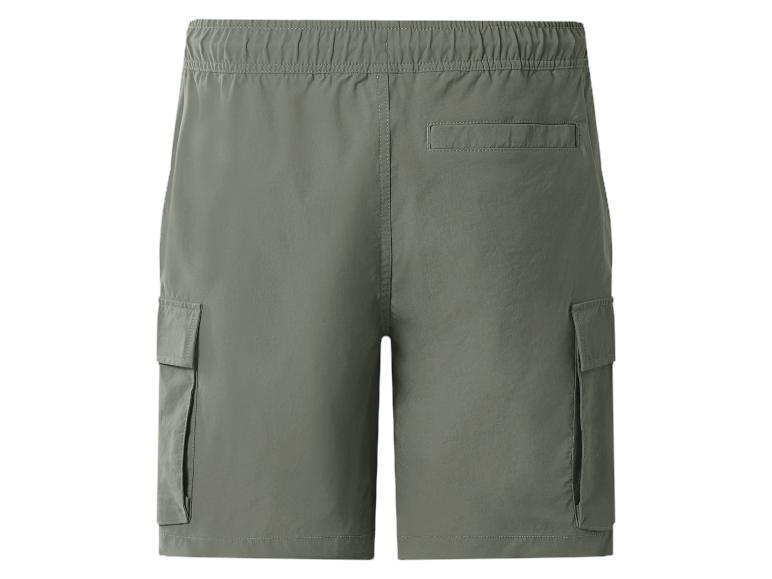 Kaki heren cargo shorts met elastische tailleband en zakken.