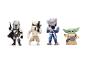 Vier sciencefictionfiguren: Mandalorian, Stormtrooper, alien en Grogu