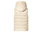 Dames beige gewatteerde bodywarmer met capuchon, achteraanzicht.