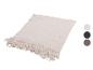 Beige gebreide plaid met franjes, met kleurstalen: beige, donkerblauw, bruin.