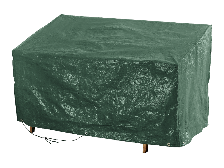 Een donkergroen, stevig plastic meubelhoes.