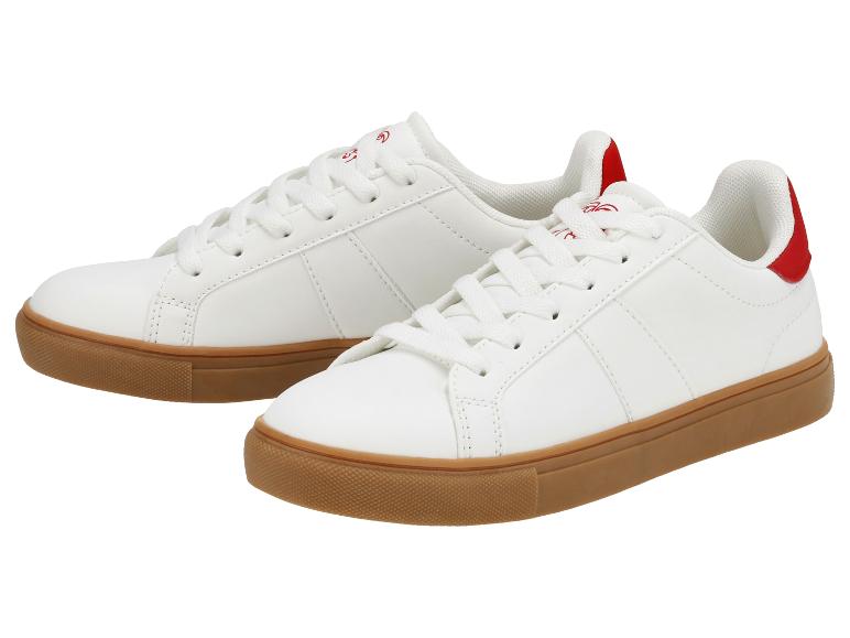 Witte sneakers met rode accenten en bruine zolen