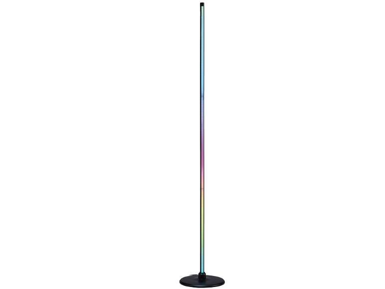 Een slanke, verticale vloerlamp met kleurrijke LED-verlichting.