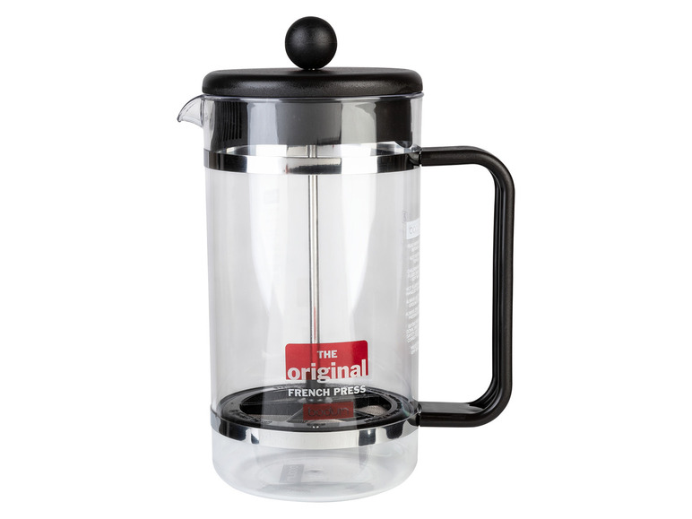 Een glazen 'The Original' French Press koffiezetapparaat.
