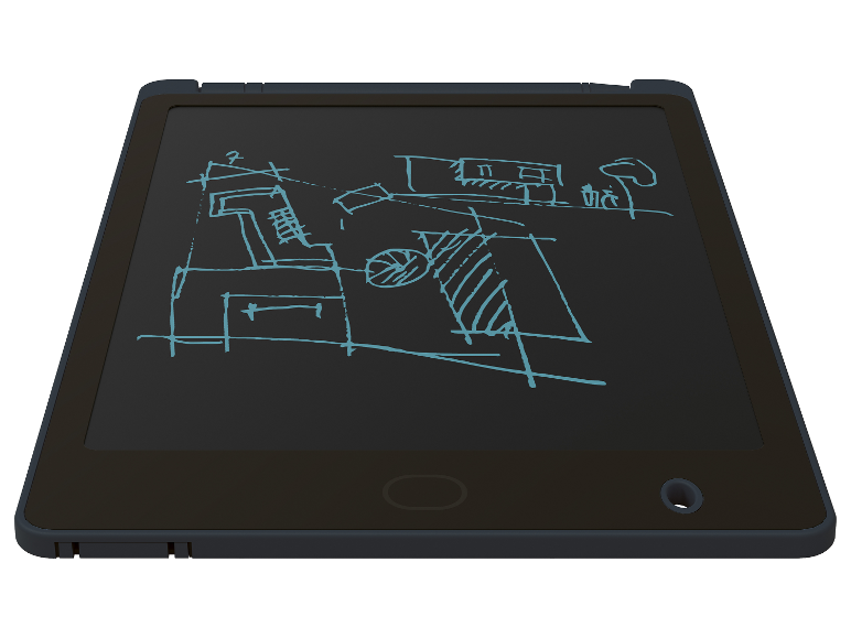 Een donkergrijs LCD-schrijftablet met een eenvoudige schets op het scherm.
