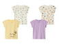 Vier baby t-shirts met verschillende prints: bijen, fruit, zon en regenboog.