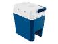 Blauw-witte elektrische koelbox, perfect voor uitjes.