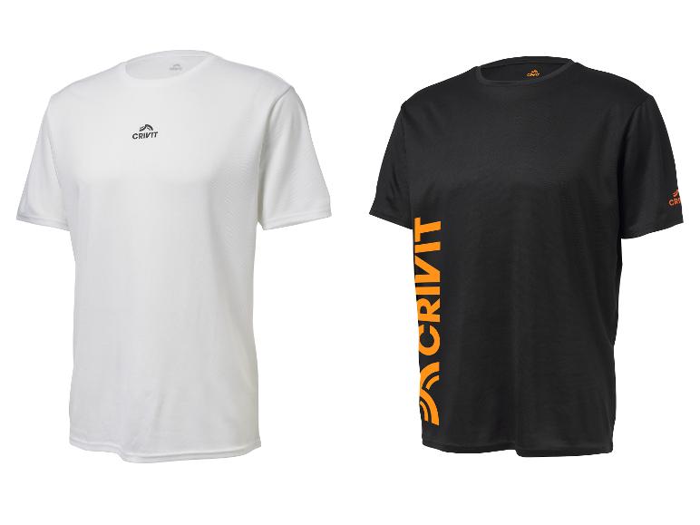 Twee Crivit sport-T-shirts, één wit met zwart logo en één zwart met oranje logo.