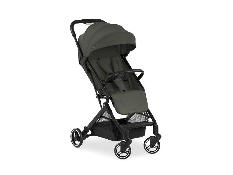 Hauck kinderwagen in olijfgroen met een zwart frame en wielen.
