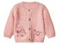 Roze gebreid babyvestje met Minnie Mouse en bloemenborduursel.