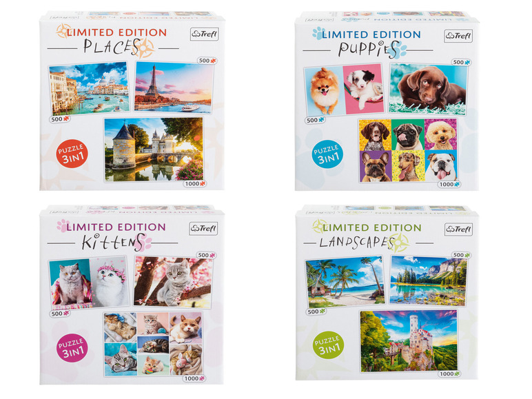 Vier Trefl puzzeldozen met verschillende thema's: Plaatsen, Puppy's, Kittens en Landschappen.