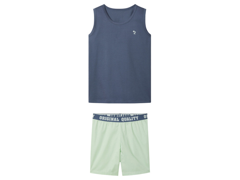 Een donkerblauw tanktop en lichtgroene shorts met 'Original Quality' erop.