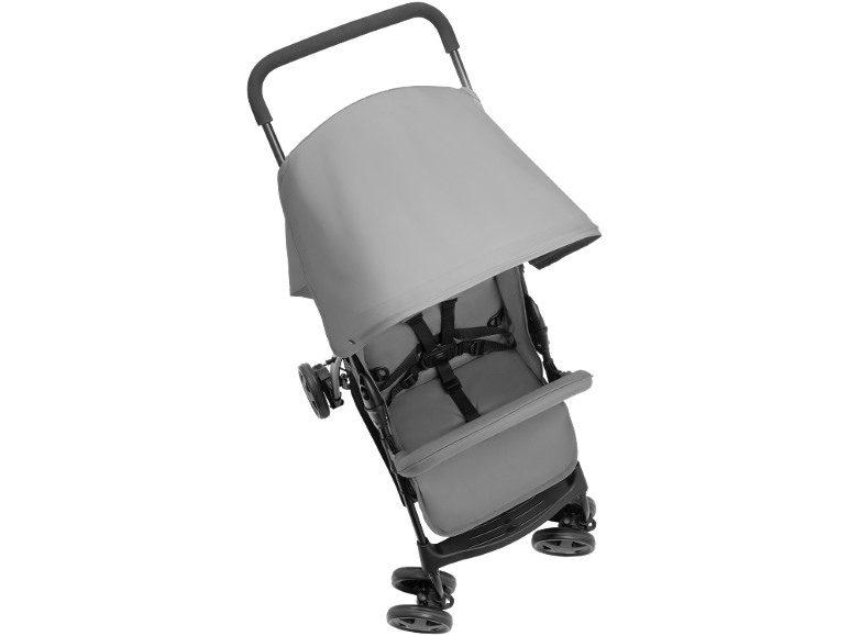 Grijze kinderwagen met zonnekap en veiligheidsharnas, schuin aanzicht.