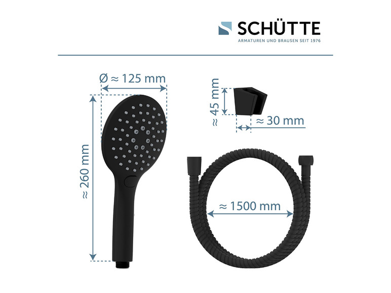 Een zwarte douchekop en slang van Schütte.