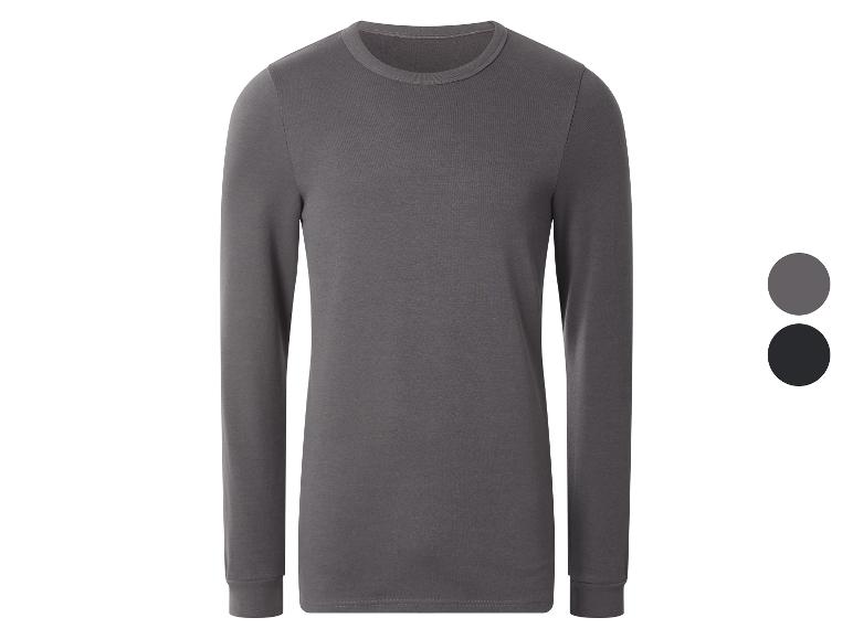 Grijs heren T-shirt met lange mouwen en ronde hals, met twee kleurstaaltjes ernaast.