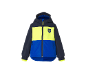 Kinderjas met capuchon in marineblauw, blauw en neongeel met berglogo.