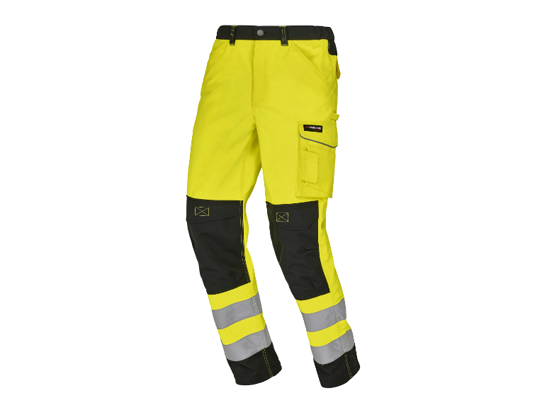Parkside werkkleding broek, neon geel met zwarte en reflecterende details.