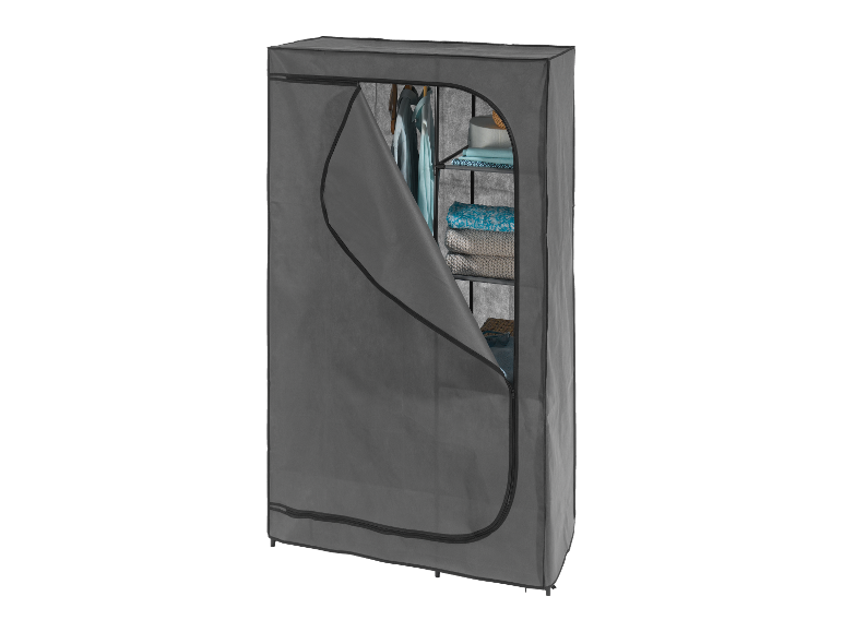 Een grijze kledingkast van textiel met planken en een kledingroede.