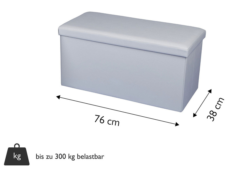 Grijze opbergbank met zitting, 76 cm breed, 38 cm hoog.