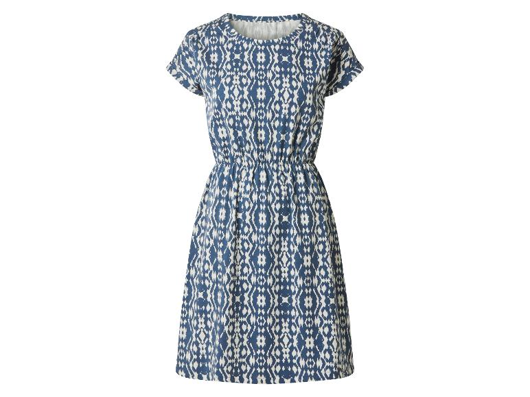 Blauw-wit patroon jurk met korte mouwen en elastische taille.