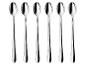 Zes langwerpige, gepolijste roestvrijstalen lepels verticaal gerangschikt op een witte achtergrond.