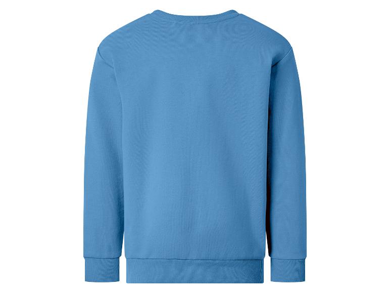 Blauwe trui met lange mouwen en ronde hals, achteraanzicht.