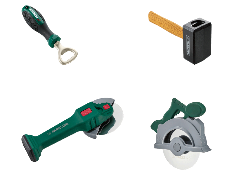 Parkside gereedschap: flesopener, hamer, pizzames en cirkelzaag.
