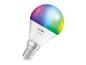 Een slimme LED-lamp met een kleurrijke, regenboogachtige gloed en een witte basis.