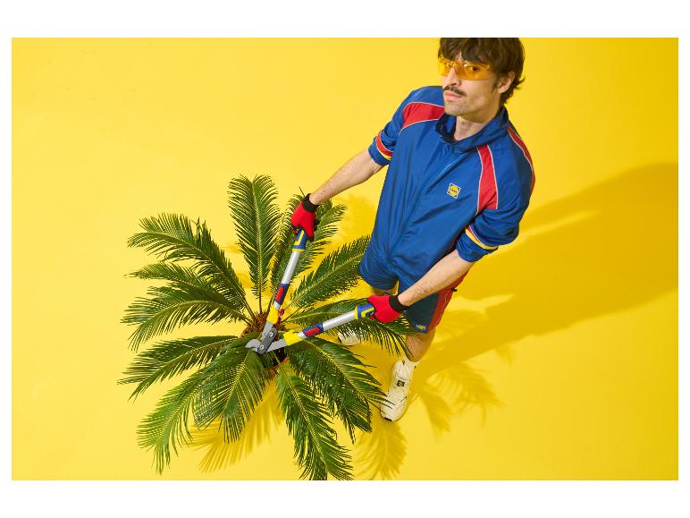 Man in sportkleding snoeit een palmboom met tuinschaar op een gele achtergrond.