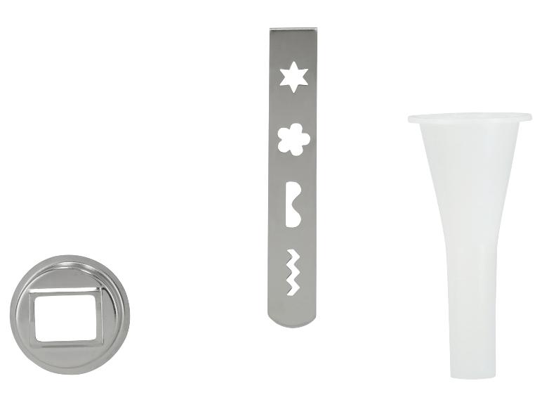 Accessoires voor koekjespers: een vierkante schijf, een decoratieve strip en een trechter