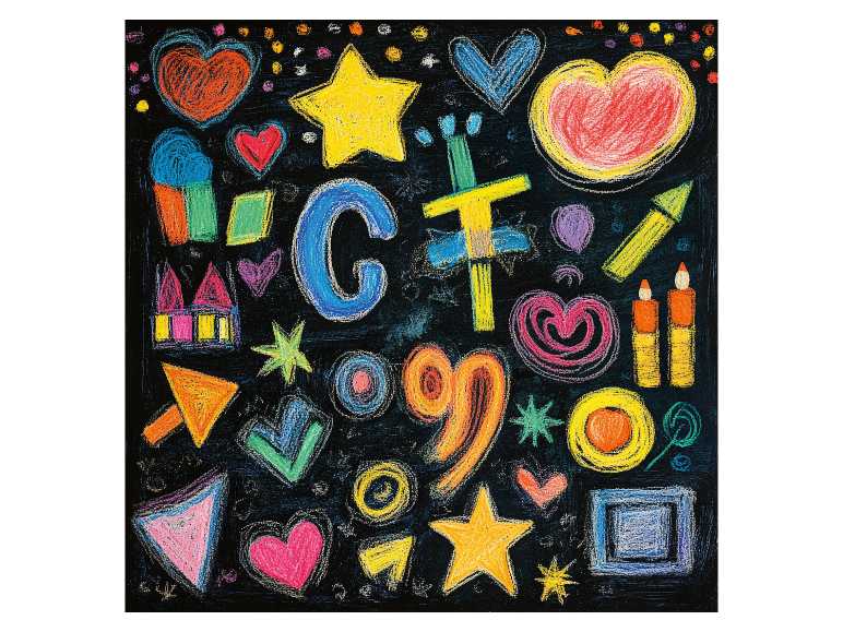 Kindertekeningen: harten, sterren, geometrische vormen en gekleurde letters.