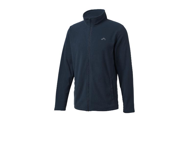 Donkerblauwe fleece jas met rits en een klein grijs logo op de borst.