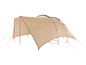 Een beige katoenen tent met rode en zwarte details.