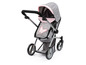 Een grijze kinderwagen met roze details en een vlinderprint.