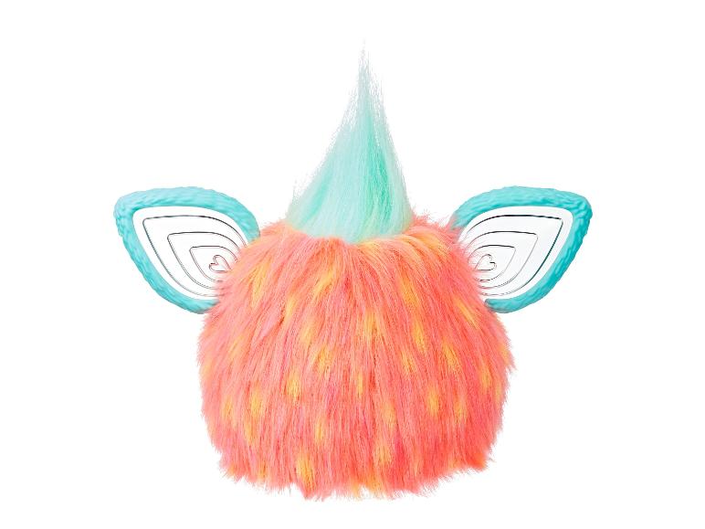 Harig Furby-speelgoed met roze-oranje vacht en turquoise oren en haar.
